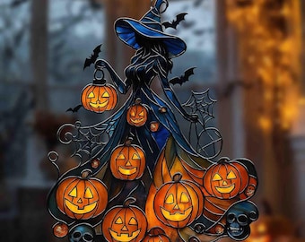 Łapacz słońca z akrylu w kształcie czarownicy i latarni na Halloween, witraż wiszący na okno, upiorna dekoracja w kształcie dyni, ozdoba czarownicy, dekoracja jesienna