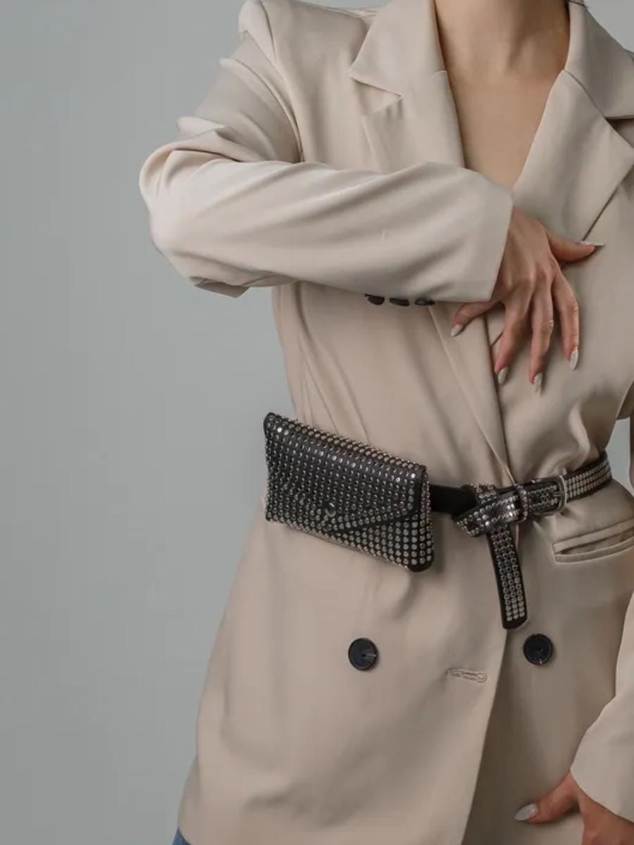Black Studded Belt Bag - Mini Crossbody Fanny Pack, Adjustable Strap, Faux Leather, Trendy 2025 Fashion Accessory