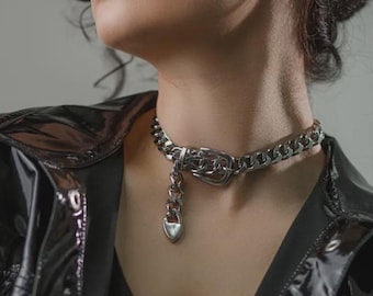 Punk Gürtelschnalle Choker - Heavy Metal Kettenhalskette, Vintage Statement Schmuck für Damen