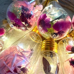 May include: Close-up of decorative light bulbs filled with dried flowers in pink, purple, and green. The clear glass bulbs have gold-coloured bases and contain fairy lights. The bulbs are arranged together, creating a warm, floral display.