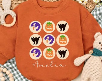 Pumpkin Black Cat Baby Romper, Halloween Baby Outfit, Personalized Bodysuit, Spooky Cat Romper, Cute Pumpkin Baby Clothes, Autumn Baby Gift