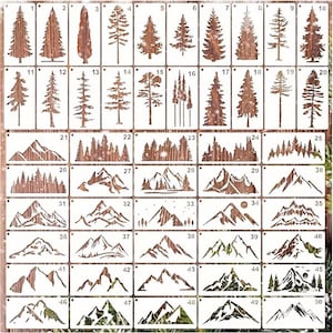 May include: A collection of 50 metal stencils featuring various tree and mountain designs. The stencils are arranged in a grid, showcasing different styles and sizes, perfect for crafting and artistic projects. The stencils are made of a light brown metal.