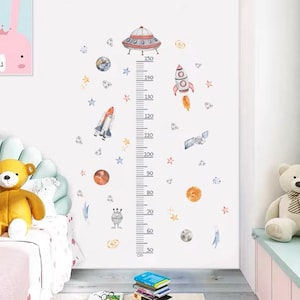 Galactic Height Chart Wall Stickers, Space Growth Chart Kids, Rockets Meteors UFO Wall Decals, Nursery Baby Kids Room Decor