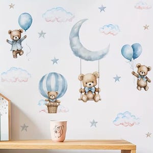 Vinilo decorativo de globo aerostático con osito de peluche azul – Adhesivo decorativo de fantasía para habitación infantil