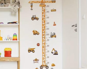 Adhesivo de pared con gráfico de altura de máquinas de ingeniería | Adhesivo de pared de grúa para habitación de niño (15,7 × 35,4 pulgadas) Medición de altura