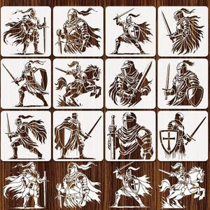 Juego de 12 plantillas de caballeros de 14,99 x 14,99 cm (5,9 x 5,9 pulgadas), plantillas de espada y escudo medievales, plantillas reutilizables para manualidades artísticas para niños y adultos.