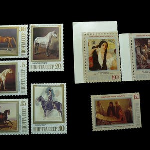 Painting. Horses Vintage Uncanceled stamps of the USSR 1988.History of the USSR in miniature.