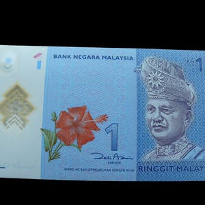 May include: A Malaysian 1 Ringgit note. The note displays a portrait of a man in traditional headwear, a red hibiscus flower, and the text "BANK NEGARA MALAYSIA" and "RINGGIT MALAYSIA". The colour scheme is predominantly blue and white.