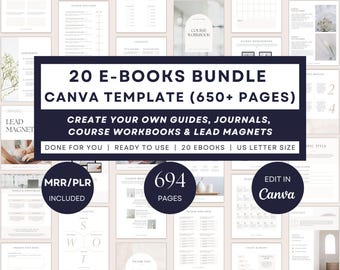 20 Canva eBook Template Bundle, 690 page Lead Magnet & Course Workbook Templates, DFY Digital Product PLR MRR , How to create an e-book pdf