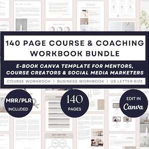 Może przedstawiać: Cyfrowy pakiet ćwiczeń z granatowym banerem z napisem "140 PAGE COURSE & COACHING WORKBOOK BUNDLE". Szablon jest przeznaczony dla mentorów, twórców kursów i specjalistów od marketingu w mediach społecznościowych.