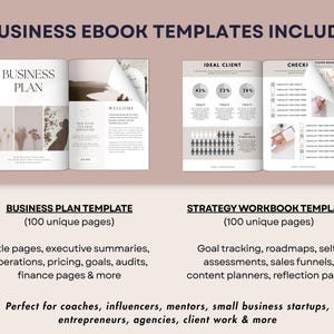 May include: Two business ebook templates are displayed, including a business plan and a strategy workbook. The business plan template has 100 pages and includes title pages, executive summaries, and more. The strategy workbook template also has 100 pages and includes goal tracking and sales funnels.