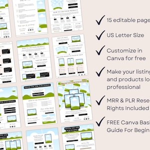 May include: A set of digital marketing templates with a light green and white design. The templates include the text "Thank You For Purchasing" and "How To Use Your Product". The image also includes the text "15 editable pages", "US Letter Size", and "Customize in Canva for free".