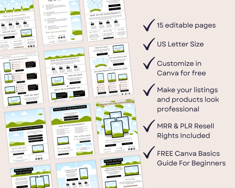 May include: A set of digital marketing templates with a light green and white design. The templates include the text "Thank You For Purchasing" and "How To Use Your Product". The image also includes the text "15 editable pages", "US Letter Size", and "Customize in Canva for free".