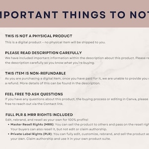 May include: A digital product information sheet with the title "IMPORTANT THINGS TO NOTE" in a dark purple font. The sheet contains five numbered points, including information about the product being non-physical and non-refundable, and details about resell rights.