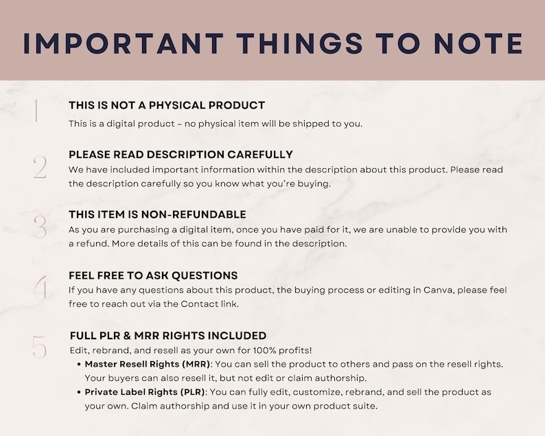 May include: A digital product information sheet with the title "IMPORTANT THINGS TO NOTE" in a dark purple font. The sheet contains five numbered points, including information about the product being non-physical and non-refundable, and details about resell rights.