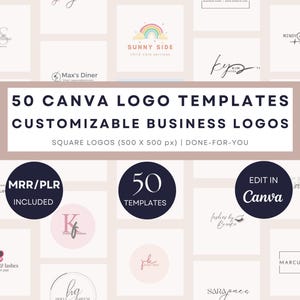 50 modelli di logo Canva, loghi personalizzabili e kit di branding per titolari di piccole imprese, pacchetto di design di loghi quadrati moderni con PLR MRR