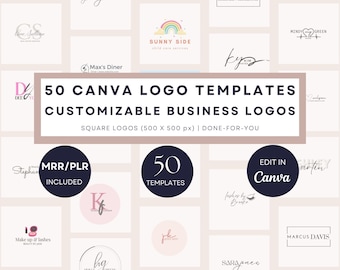 50 Canva Logo Templates, Customizable Logos & Branding Kit for Small Business Owners, Modern Square Logo Design Bundle with PLR MRR