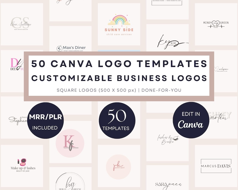 50 Canva Logo Templates, Customizable Logos & Branding Kit for Small Business Owners, Modern Square Logo Design Bundle with PLR MRR image 1