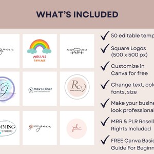 50 Canva Logo Templates, Customizable Logos & Branding Kit for Small Business Owners, Modern Square Logo Design Bundle with PLR MRR image 2
