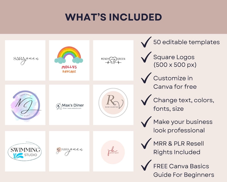 50 Canva Logo Templates, Customizable Logos & Branding Kit for Small Business Owners, Modern Square Logo Design Bundle with PLR MRR image 2