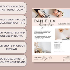 May include: A digital marketing flyer template with a soft pink and white color scheme. The design includes the name "Daniella Rogers", a list of services, and the text "Instant Download, Start Using Today!" and "Drag & Drop Photos - Save Hours of Time".