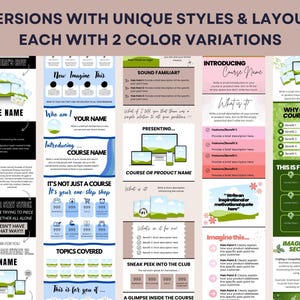 Puede incluir: Una plantilla de marketing digital con cinco variaciones de dise&ntilde;o, cada una con dos combinaciones de colores. Los dise&ntilde;os presentan secciones para nombres de cursos, beneficios y llamadas a la acci&oacute;n, con texto como "Imagina esto" y "Vista previa".