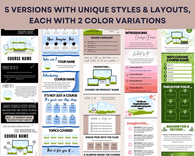 Puede incluir: Una plantilla de marketing digital con cinco variaciones de dise&ntilde;o, cada una con dos combinaciones de colores. Los dise&ntilde;os presentan secciones para nombres de cursos, beneficios y llamadas a la acci&oacute;n, con texto como "Imagina esto" y "Vista previa".