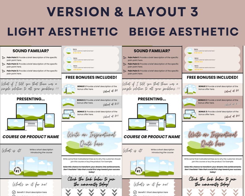 Puede incluir: Plantilla de marketing digital con un dise&ntilde;o est&eacute;tico claro. El dise&ntilde;o incluye secciones para puntos d&eacute;biles, bonificaciones y un llamado a la acci&oacute;n. El dise&ntilde;o presenta un ordenador, una tableta y un tel&eacute;fono.