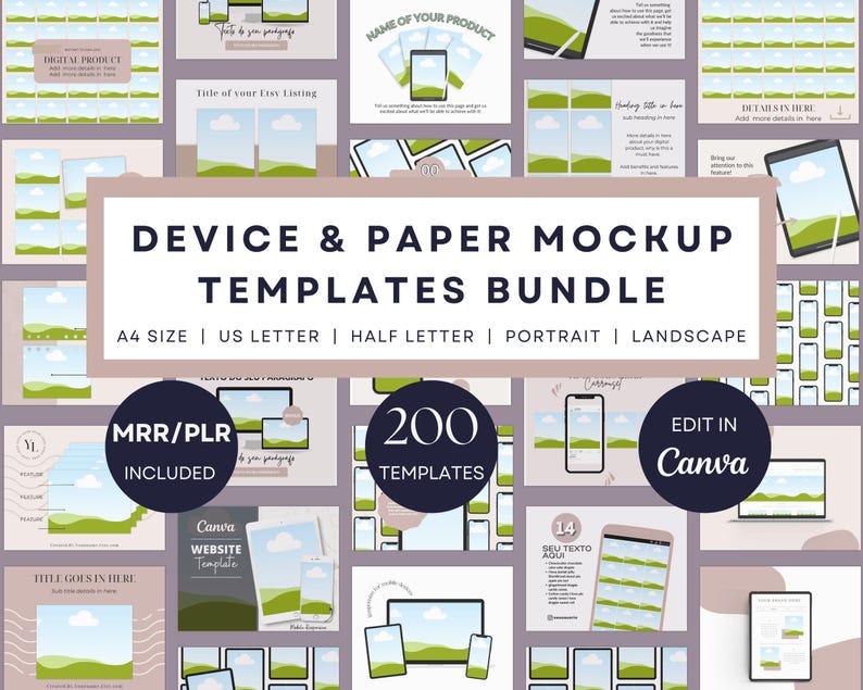 K&ouml;nnte beinhalten: Ein Bundle mit digitalen Ger&auml;te- und Papiermockup-Vorlagen. Die Vorlagen umfassen A4-Gr&ouml;&szlig;e, US-Letter, Half-Letter, Hochformat und Querformat. Das Bundle enth&auml;lt 200 Vorlagen und ist in Canva bearbeitbar.