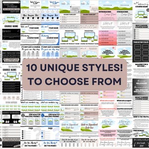 Puede incluir: Una colecci&oacute;n de plantillas de marketing digital con varios dise&ntilde;os y dise&ntilde;os. Las plantillas presentan texto y gr&aacute;ficos, con frases como "Nombre del curso" y "&iexcl;10 estilos &uacute;nicos! Para elegir." La paleta de colores incluye blanco, verde y negro.