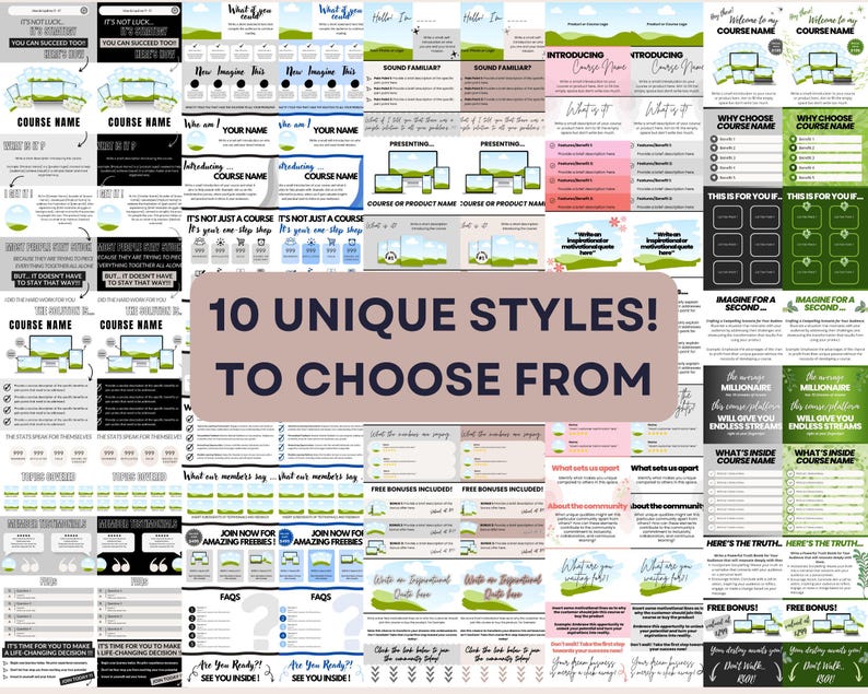Puede incluir: Una colecci&oacute;n de plantillas de marketing digital con varios dise&ntilde;os y dise&ntilde;os. Las plantillas presentan texto y gr&aacute;ficos, con frases como "Nombre del curso" y "&iexcl;10 estilos &uacute;nicos! Para elegir." La paleta de colores incluye blanco, verde y negro.