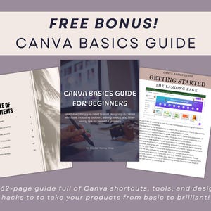 Puede incluir: Una gu&iacute;a titulada "CANVA BASICS GUIDE" con el texto "FREE BONUS!" en la parte superior. La gu&iacute;a es para principiantes e incluye consejos sobre barras de herramientas, edici&oacute;n y dise&ntilde;o para ahorrar tiempo. La gu&iacute;a tiene 62 p&aacute;ginas e incluye el texto "GETTING STARTED".