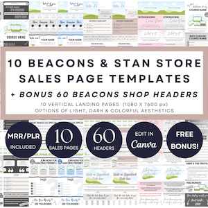 May include: A digital product display featuring 10 sales page templates and 60 shop headers. The templates are designed for use with Beacons & Stan Store, with options for light, dark, and colorful aesthetics. Includes a free bonus and the ability to edit in Canva.