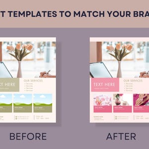 May include: A before-and-after image showcasing editable templates for branding. The "before" template has a light green and beige color scheme, while the "after" template is pink and beige. Both templates include placeholders for text and images, with the text "TEXT HERE" and "OUR SERVICES".