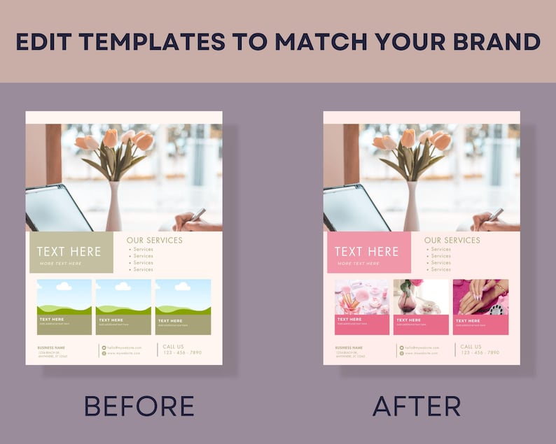 May include: A before-and-after image showcasing editable templates for branding. The "before" template has a light green and beige color scheme, while the "after" template is pink and beige. Both templates include placeholders for text and images, with the text "TEXT HERE" and "OUR SERVICES".