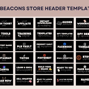 Puede incluir: Imagen promocional que muestra 60 plantillas de encabezado de tienda Beacons. Cada plantilla presenta un fondo negro con texto blanco, que cubre temas como redes sociales, marketing y recursos digitales. La imagen est&aacute; dise&ntilde;ada para ayudar a los usuarios a crear su propia tienda en l&iacute;nea.