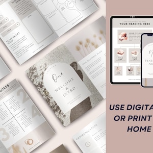 May include: A collection of digital business plan templates, displayed on paper, a tablet, and a smartphone. The templates feature charts, diagrams, and text, with the words "Welcome & Intro" and "Finishing Notes" visible. The text "Use Digitally or Print at Home" is also displayed.