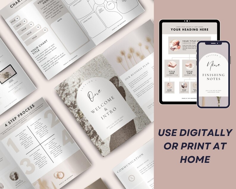 May include: A collection of digital business plan templates, displayed on paper, a tablet, and a smartphone. The templates feature charts, diagrams, and text, with the words "Welcome & Intro" and "Finishing Notes" visible. The text "Use Digitally or Print at Home" is also displayed.