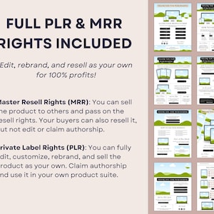 May include: An advertisement for digital products, featuring the text "FULL PLR & MRR RIGHTS INCLUDED." The image displays several digital product templates with a green and white design. The text promotes the ability to edit, rebrand, and resell the product.