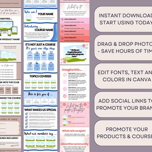 Puede incluir: Una plantilla de marketing digital con fondo morado. La plantilla incluye secciones para descripciones de cursos o productos, beneficios y testimonios. El texto incluye "&iexcl;Descarga instant&aacute;nea, empieza a usar hoy mismo!" y "Arrastra y suelta fotos - Ahorra horas de tiempo."