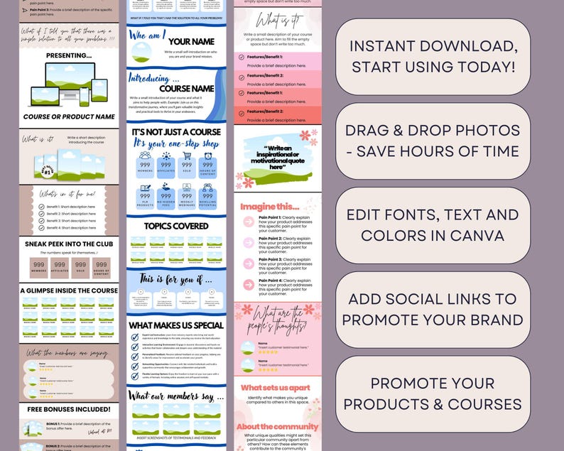 Puede incluir: Una plantilla de marketing digital con fondo morado. La plantilla incluye secciones para descripciones de cursos o productos, beneficios y testimonios. El texto incluye "&iexcl;Descarga instant&aacute;nea, empieza a usar hoy mismo!" y "Arrastra y suelta fotos - Ahorra horas de tiempo."
