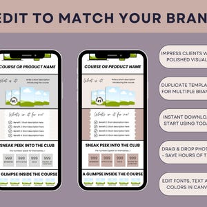 Puede incluir: Dos maquetas de tel&eacute;fonos inteligentes que muestran el nombre de un curso o producto, con secciones para descripciones y beneficios. La imagen incluye texto: "Edit to Match Your Brand", "Impress Clients with Polished Visuals", y "Instant Download, Start Using Today!"