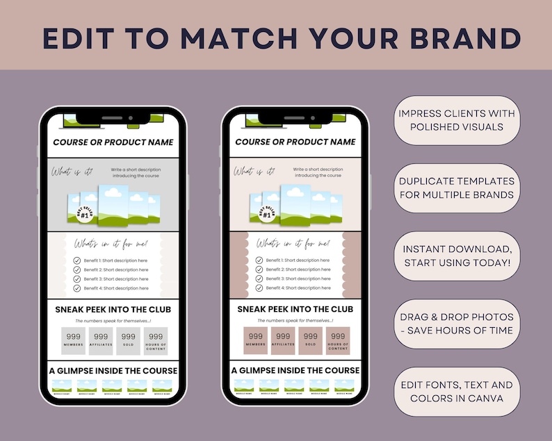 Puede incluir: Dos maquetas de tel&eacute;fonos inteligentes que muestran el nombre de un curso o producto, con secciones para descripciones y beneficios. La imagen incluye texto: "Edit to Match Your Brand", "Impress Clients with Polished Visuals", y "Instant Download, Start Using Today!"