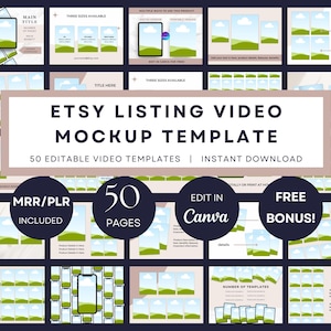 Etsy出品用動画テンプレートバンドル、商品動画用編集可能なCanvaモックアップ50種類、デジタル＆実商品販売者向けドラッグ＆ドロップデザイン