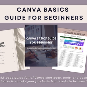 May include: A guide titled "CANVA BASICS GUIDE FOR BEGINNERS" with the text "Learn everything you need to start designing in Canva with ease, including toolbars, editing basics, and time-saving tips for beautiful graphics." The guide includes a table of contents and a section on getting started.