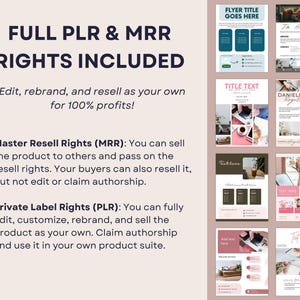 May include: A promotional image with the text "FULL PLR & MRR RIGHTS INCLUDED." The image showcases various flyer templates with text placeholders and design elements. The text explains Master Resell Rights and Private Label Rights.