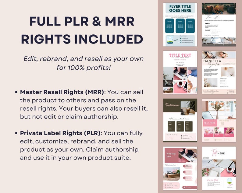 May include: A promotional image with the text "FULL PLR & MRR RIGHTS INCLUDED." The image showcases various flyer templates with text placeholders and design elements. The text explains Master Resell Rights and Private Label Rights.