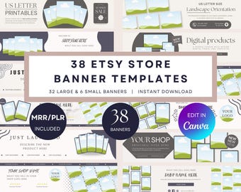 Bundle de modèles de bannières de boutique Etsy, 38 bannières et maquettes modifiables pour vitrine Etsy, kit de branding de boutique Etsy personnalisable, neutre