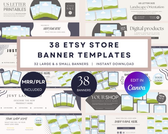 Etsy Shop Banner Template Bundle, 38 Editable Canva Banners & Mockups for Etsy Storefront, Customizable Etsy Shop Branding Kit Neutral