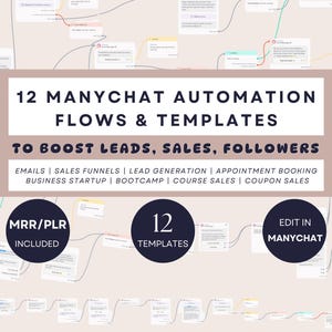May include: A digital marketing graphic promoting "12 Manychat Automation Flows & Templates" to boost leads, sales, and followers. Includes templates for emails, sales funnels, and lead generation. Features "MRR/PLR Included" and "Edit in Manychat".